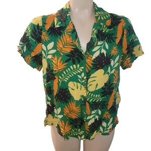 Modcloth Tropical Leaf Print Button Down Short Sleeve‎ Shirt  vacation travel L
